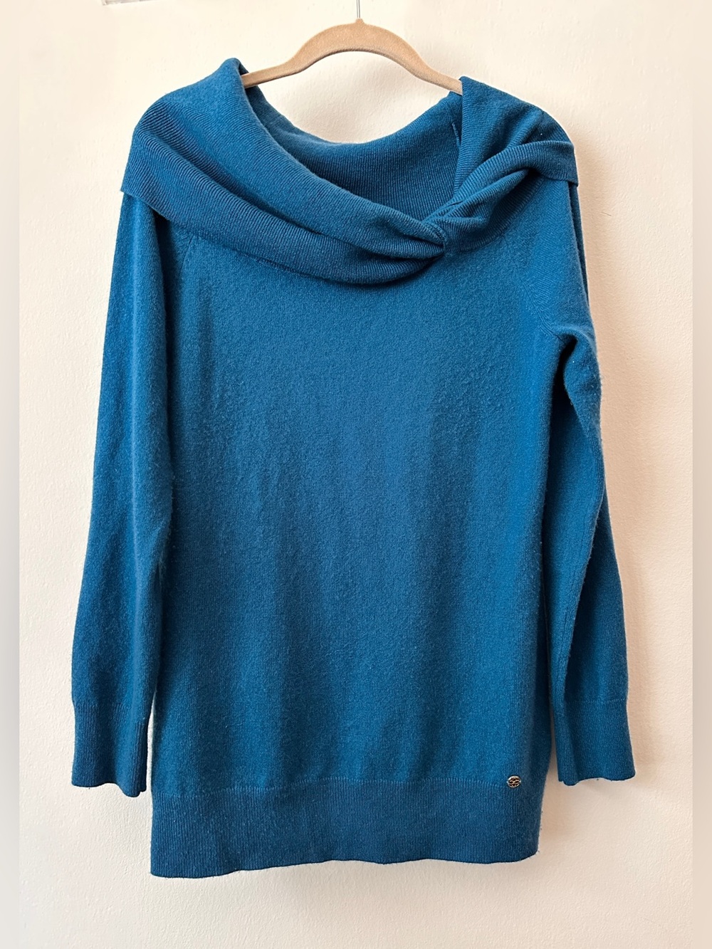 Per Se Teal Shawl Foldover Collar Long Sleeve Women's Cashmere Sweater